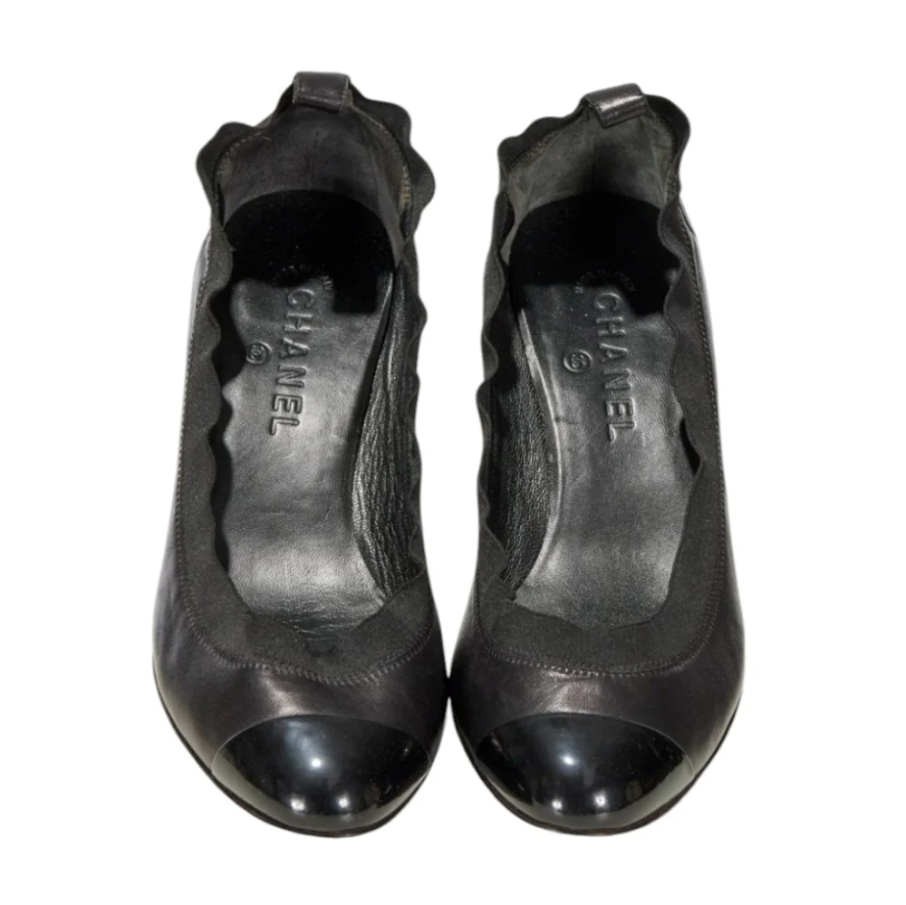 Chanel Stretch Spirit Black Leather Cap Toe Block Heel Pumps 40.5